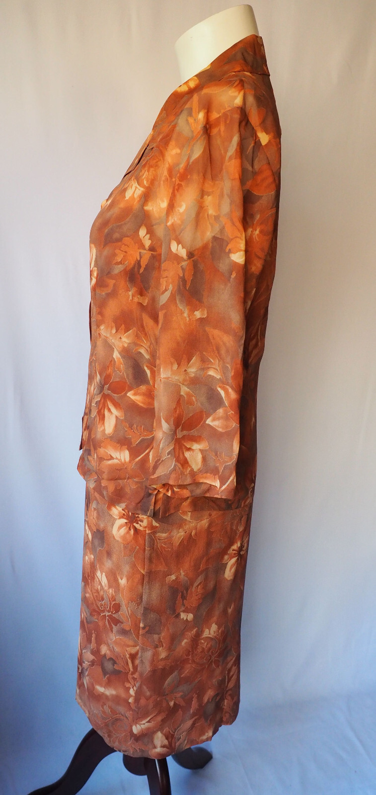 Tess Dress 100% Silk Two Piece Set Lined Chiffon Topper Floral Burnt Orange 10