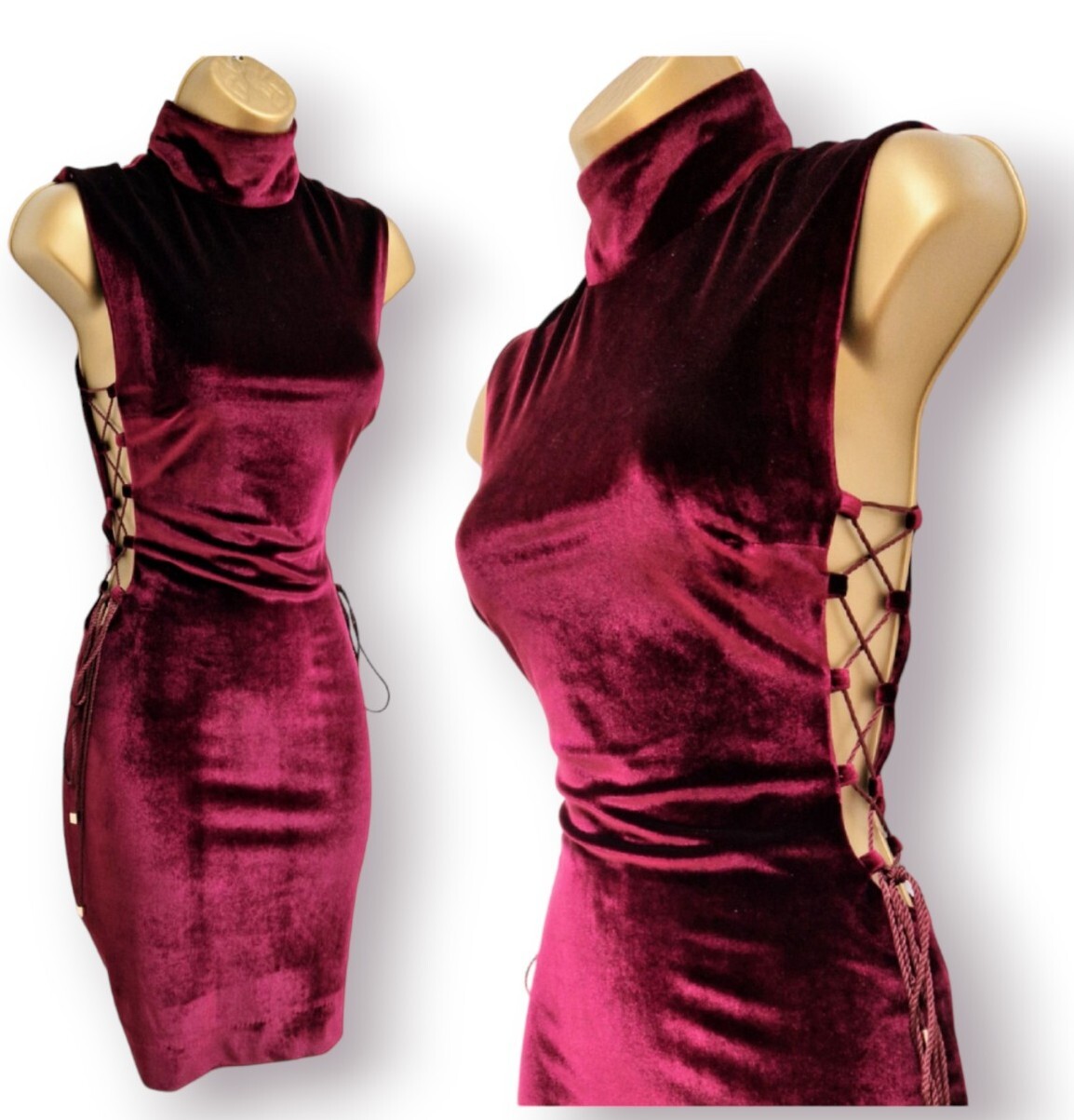 HOUSE OF CB Sukina Mulberry Velvet High Neck Laced Mini Evening Dress S UK 8 10