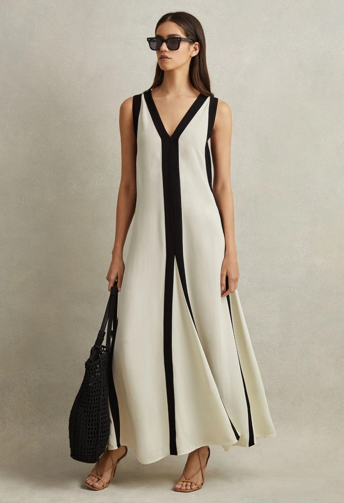 REISS Rae Colourblock Maxi Dress in Black/Cream