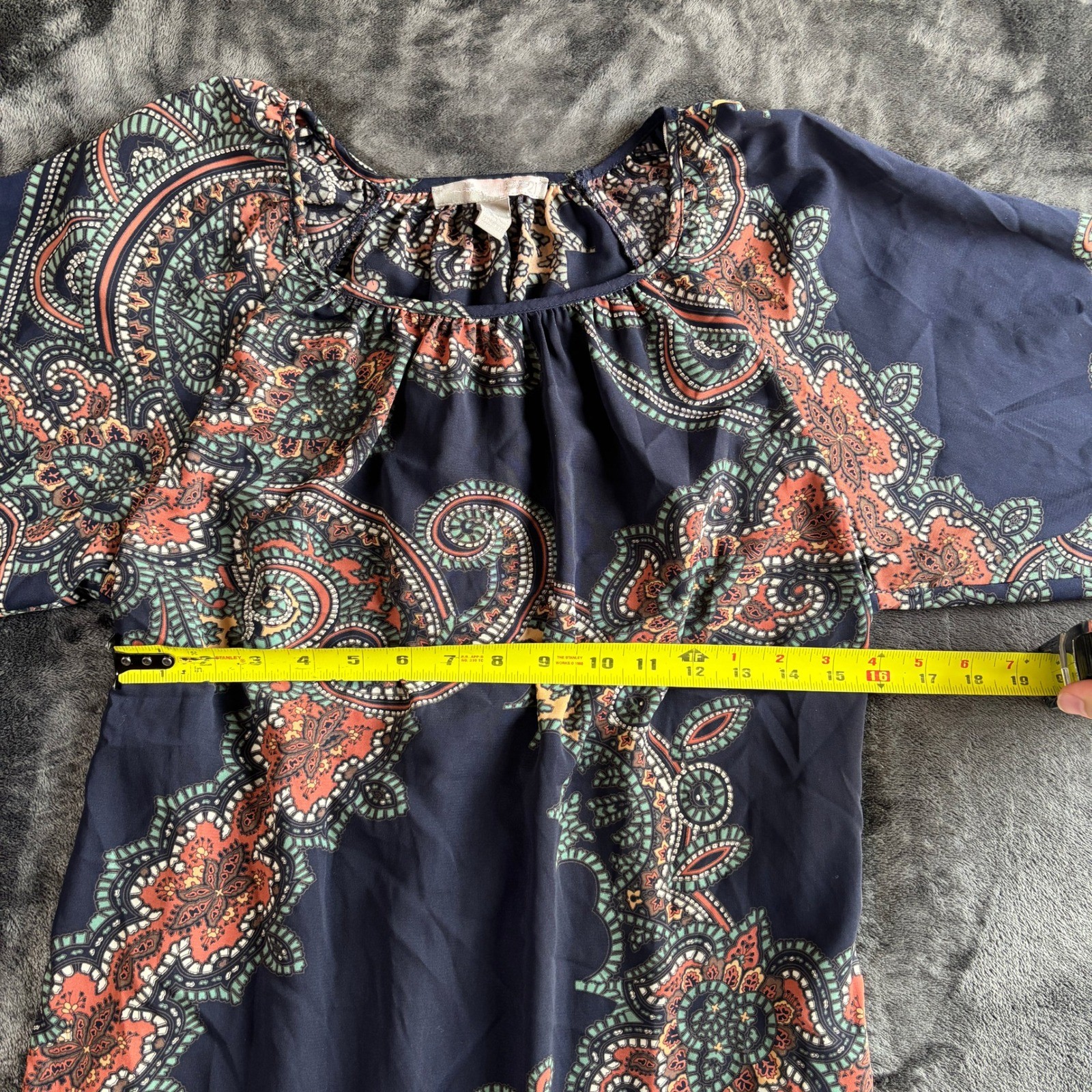 Love21 Paisley Boho Mini Shift Dress Navy Blue Balloon Sleeve Small