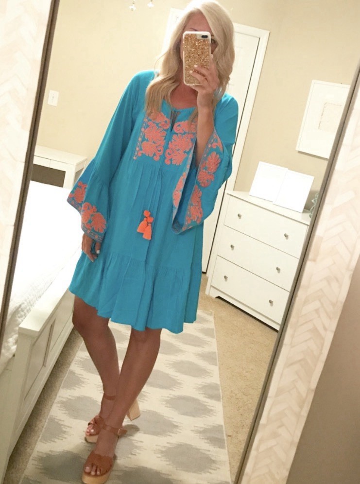 Lilly Pulitzer Blue/Orange Embroidered Tiered Shift Dress Tassel Tie S