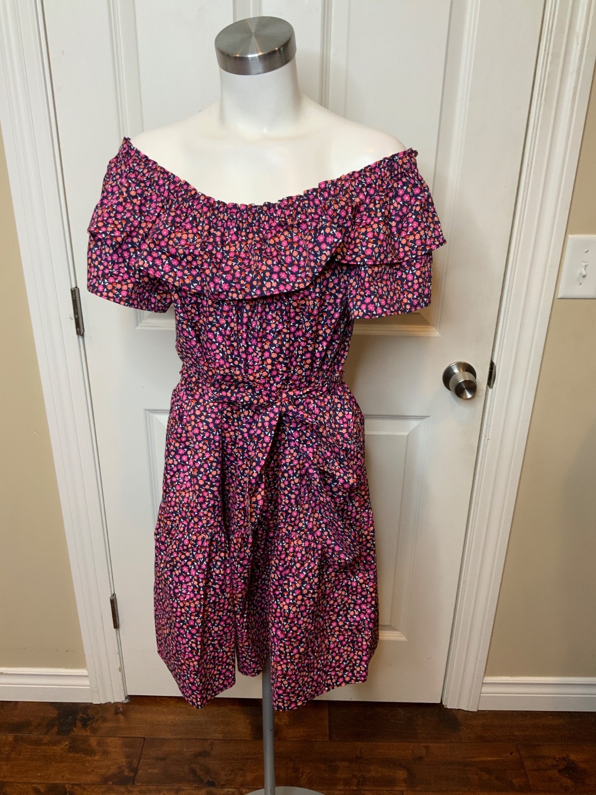 Draper James Blue Pink Poppy Ruffle Sawyer Dress, Size M