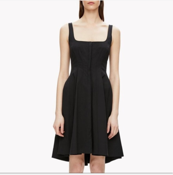 Theory Modern Flare Stretch Cotton Dress Size 12 Black Pleated Quiet Luxury Chic