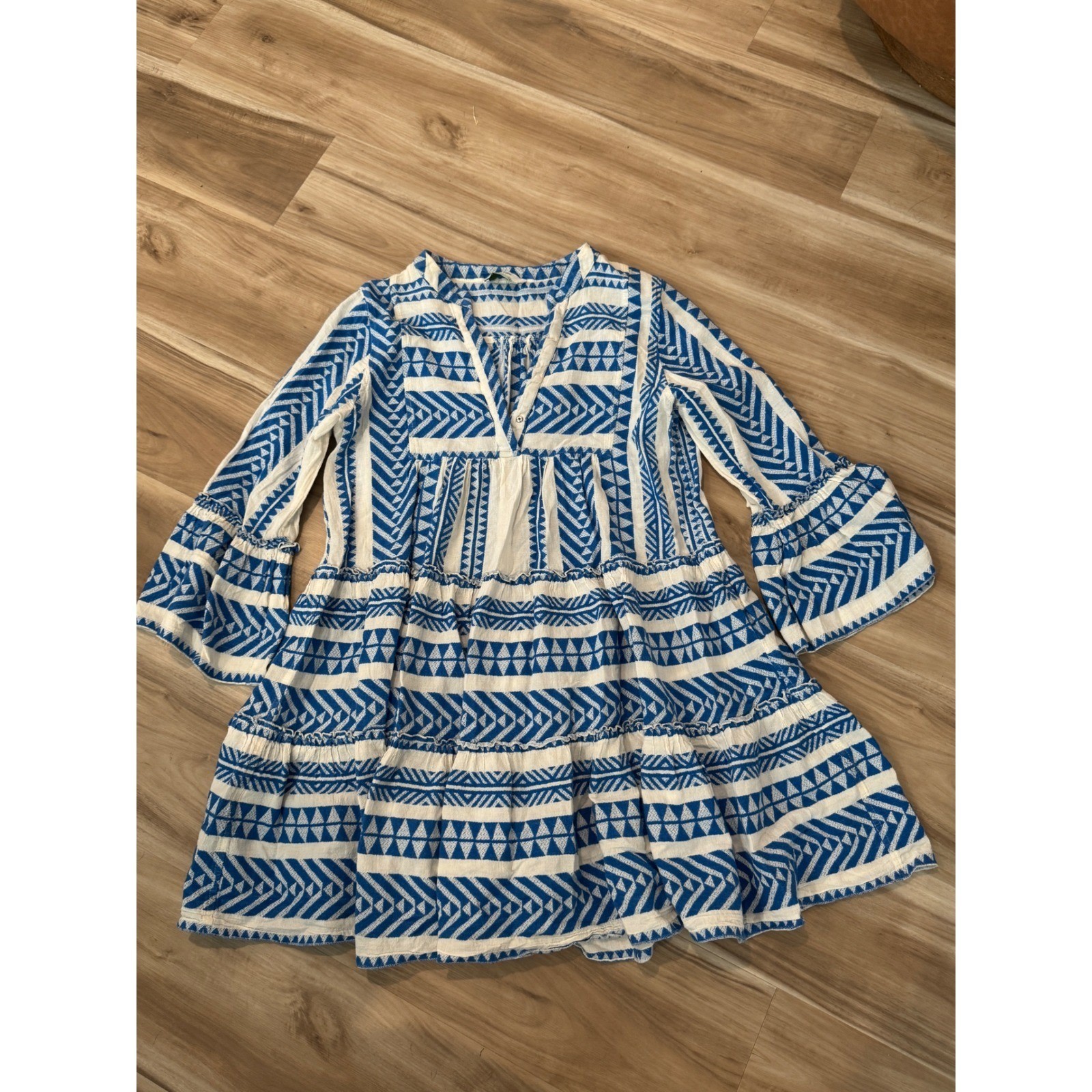Devotion Twins Ella Blue White Geometric Cotton Tiered Mini Dress Boho Small d1