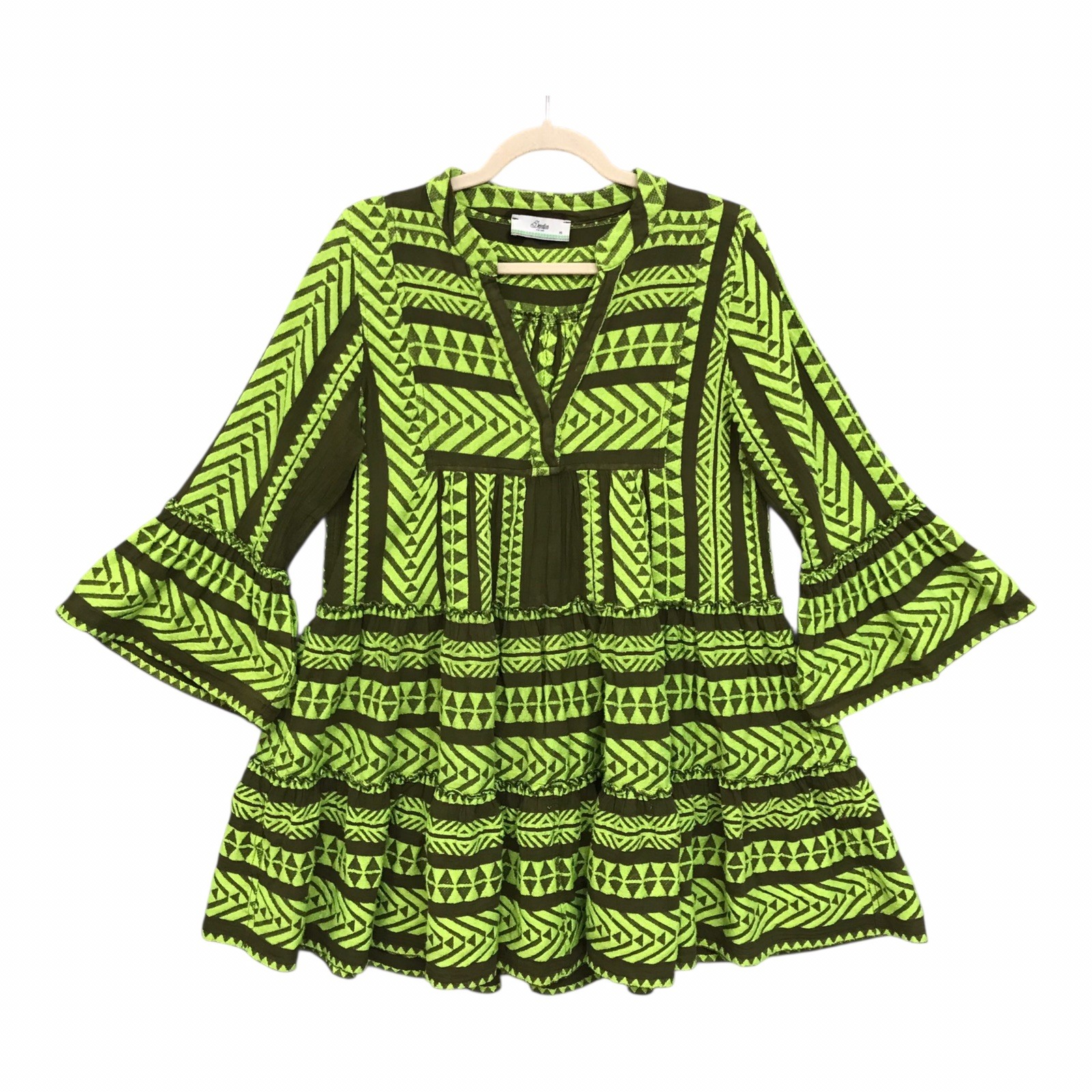 Devotion Twins Embroidered Ella Tunic Dress Neon Green Brown Boho Women’s Sz XS
