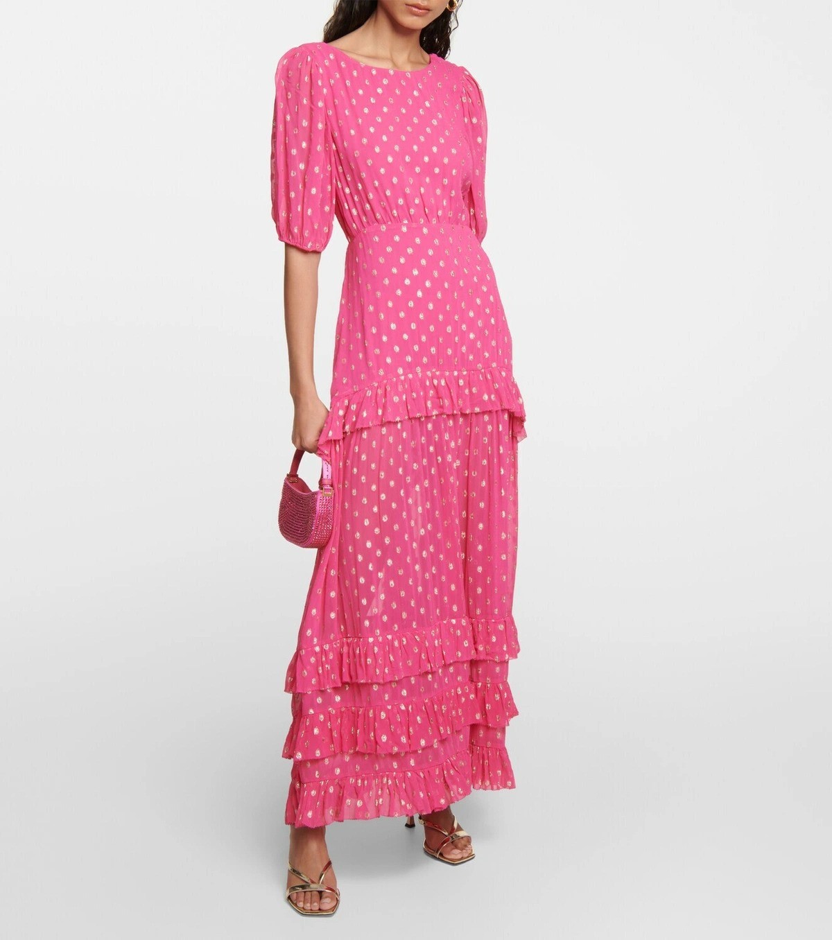 NWT RIXO Shireen Pink Gold Dot Metallic Midi Dress XS Puff Sleeve Viscose
