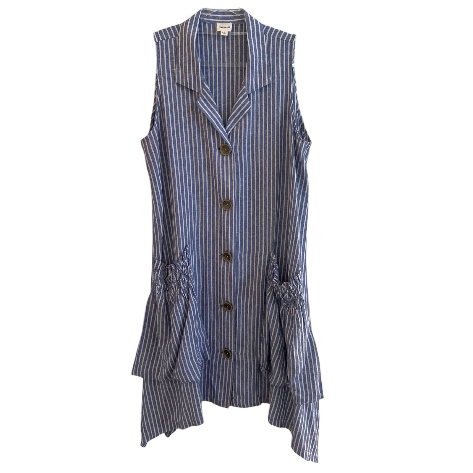 Forcynthia Linen Blend Dress Women’s Large Blue Striped Asymmetrical Lagenlook