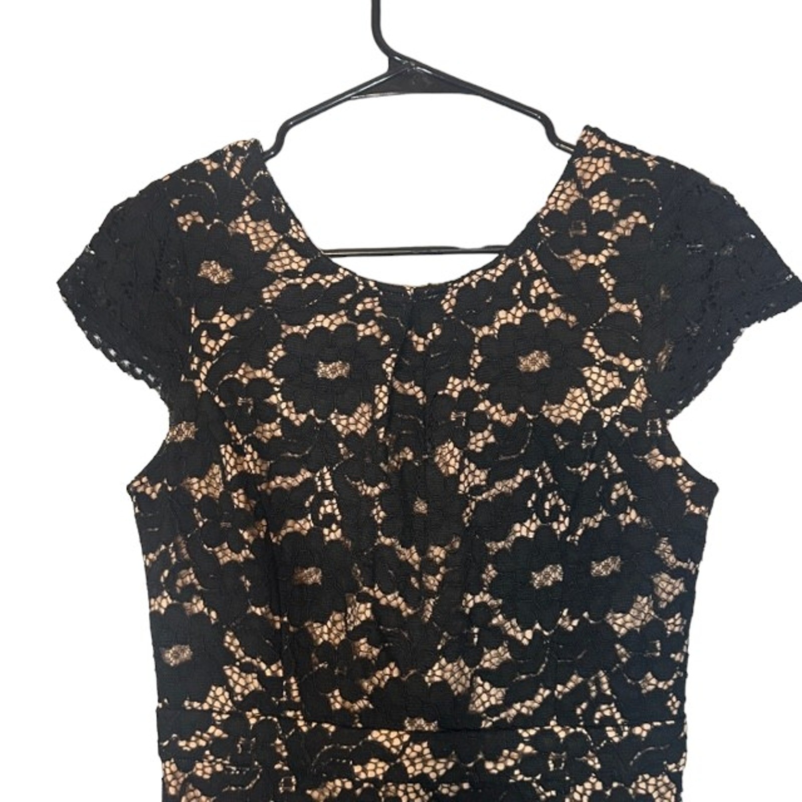 Esley Black & Cream Lace Overlay Short Capped Sleeve Bodycon Dress Women Sz S