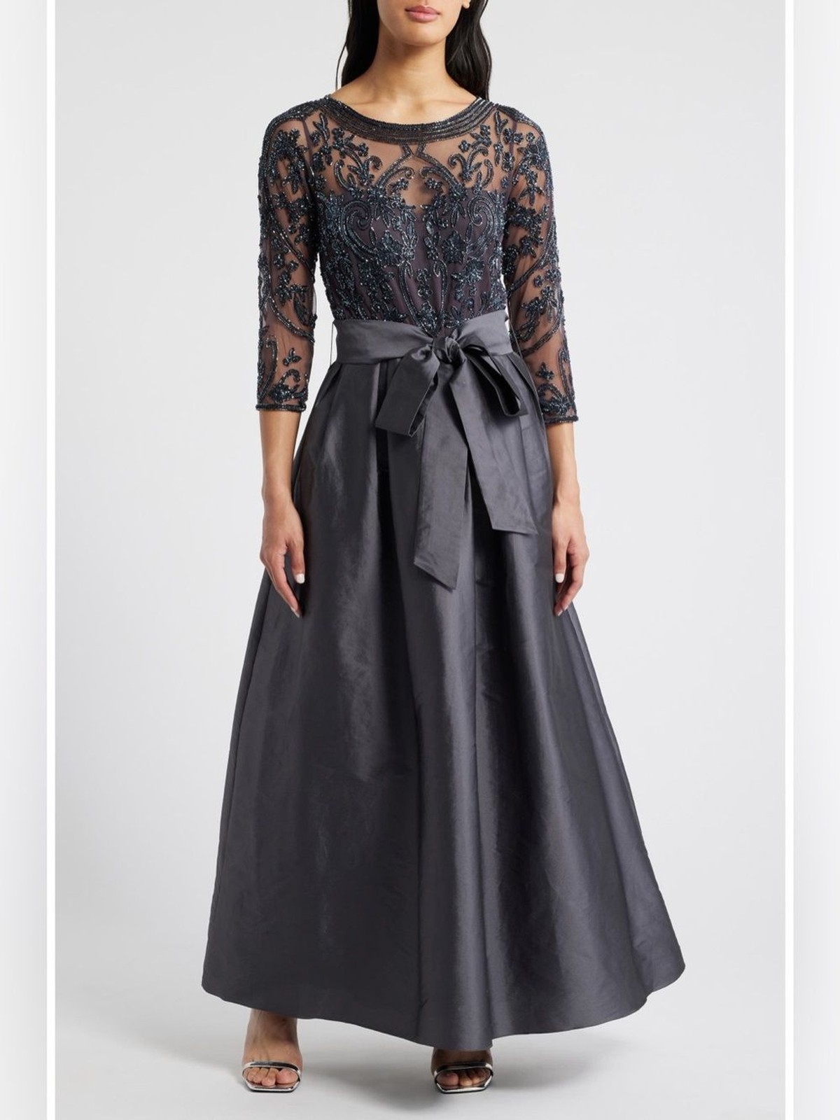 Pisarro Nights Beaded Illusion Neck Taffeta Gown Slate Size 16 NWT