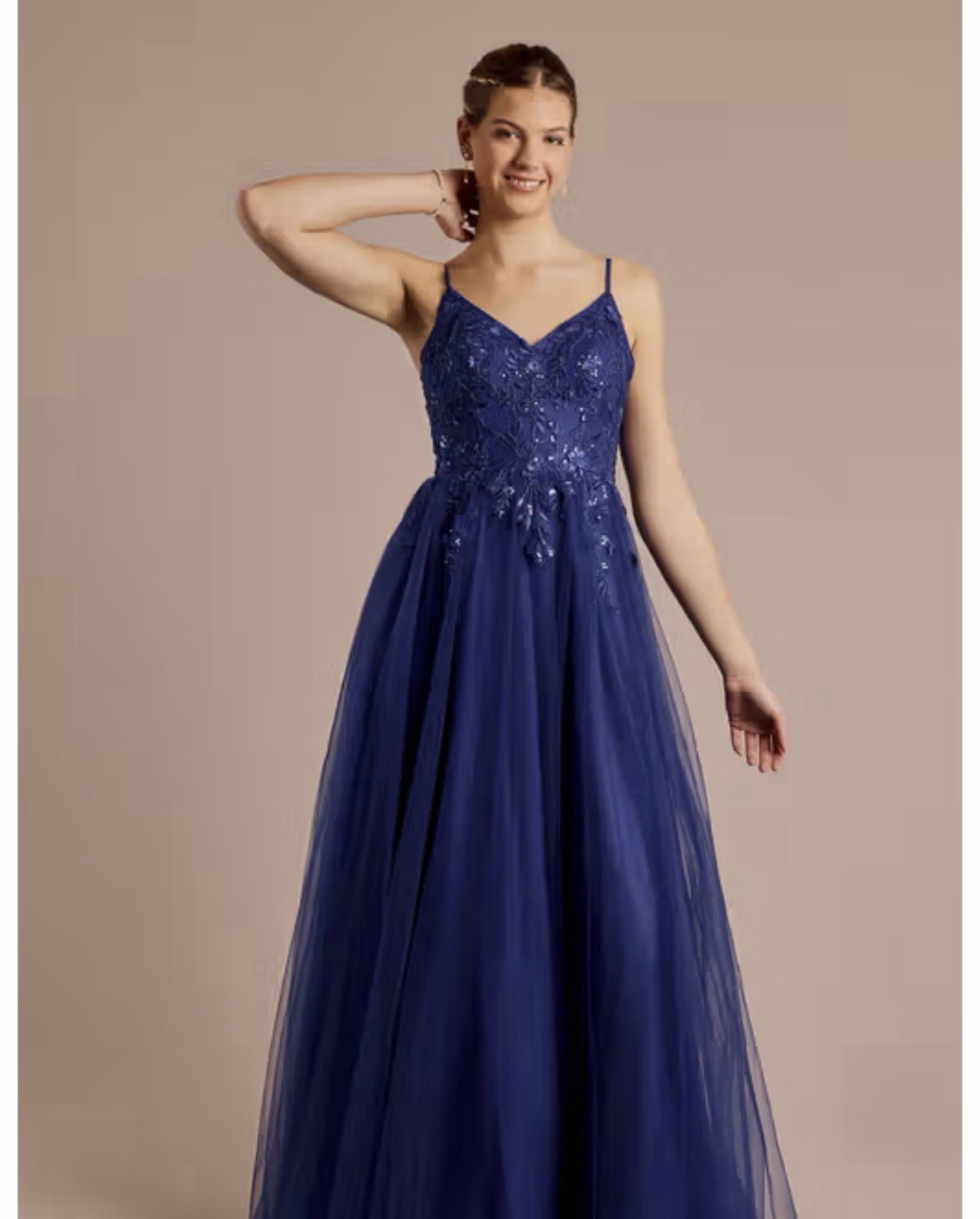 Jules and Cleo Beaded Floral Tulle Corset Back Ball Gown Royal Blue Prom Dress 5