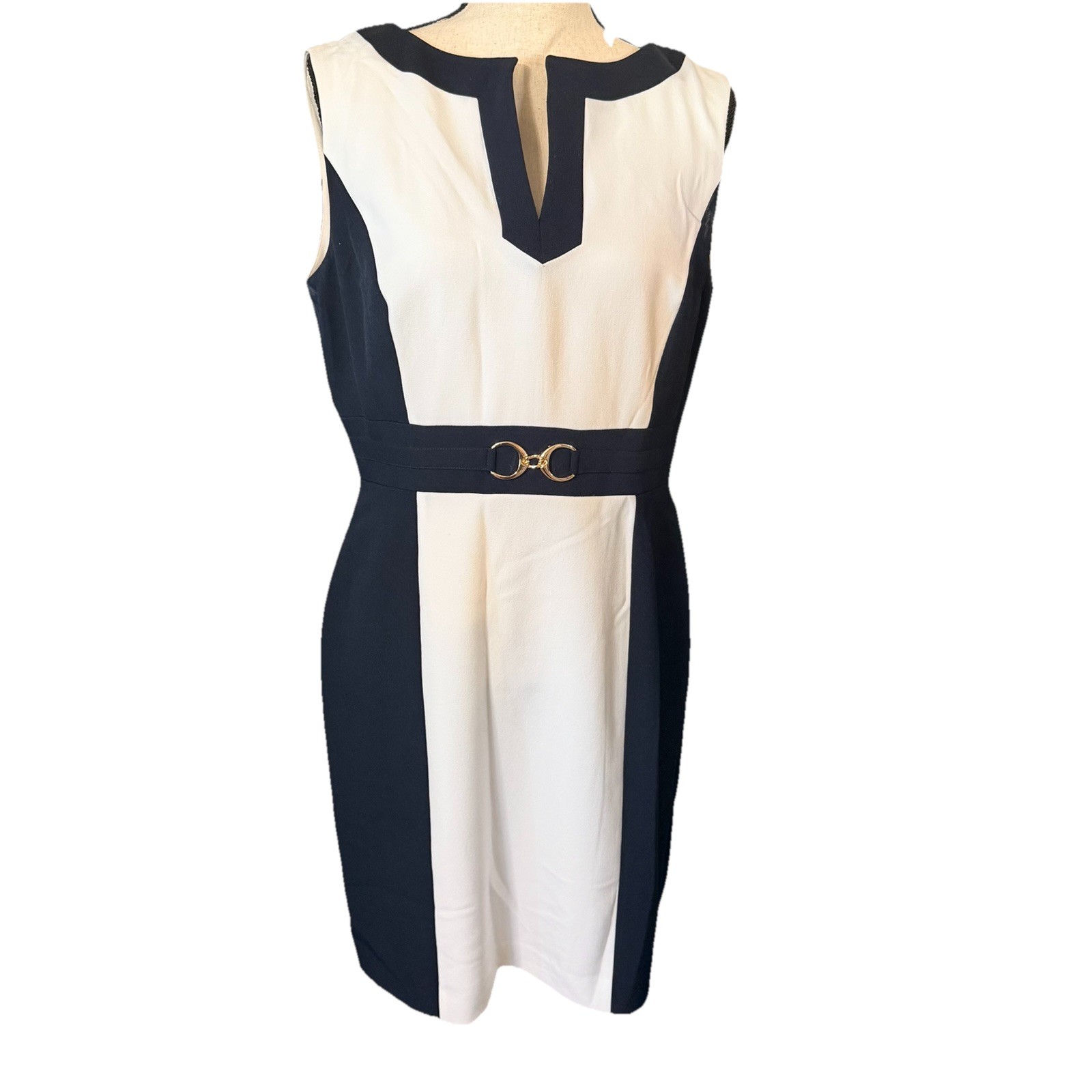 Chelsea Rose Colorblock Sheath Dress Sleeveless Zip Sz 10 Goldtone Accent EUC