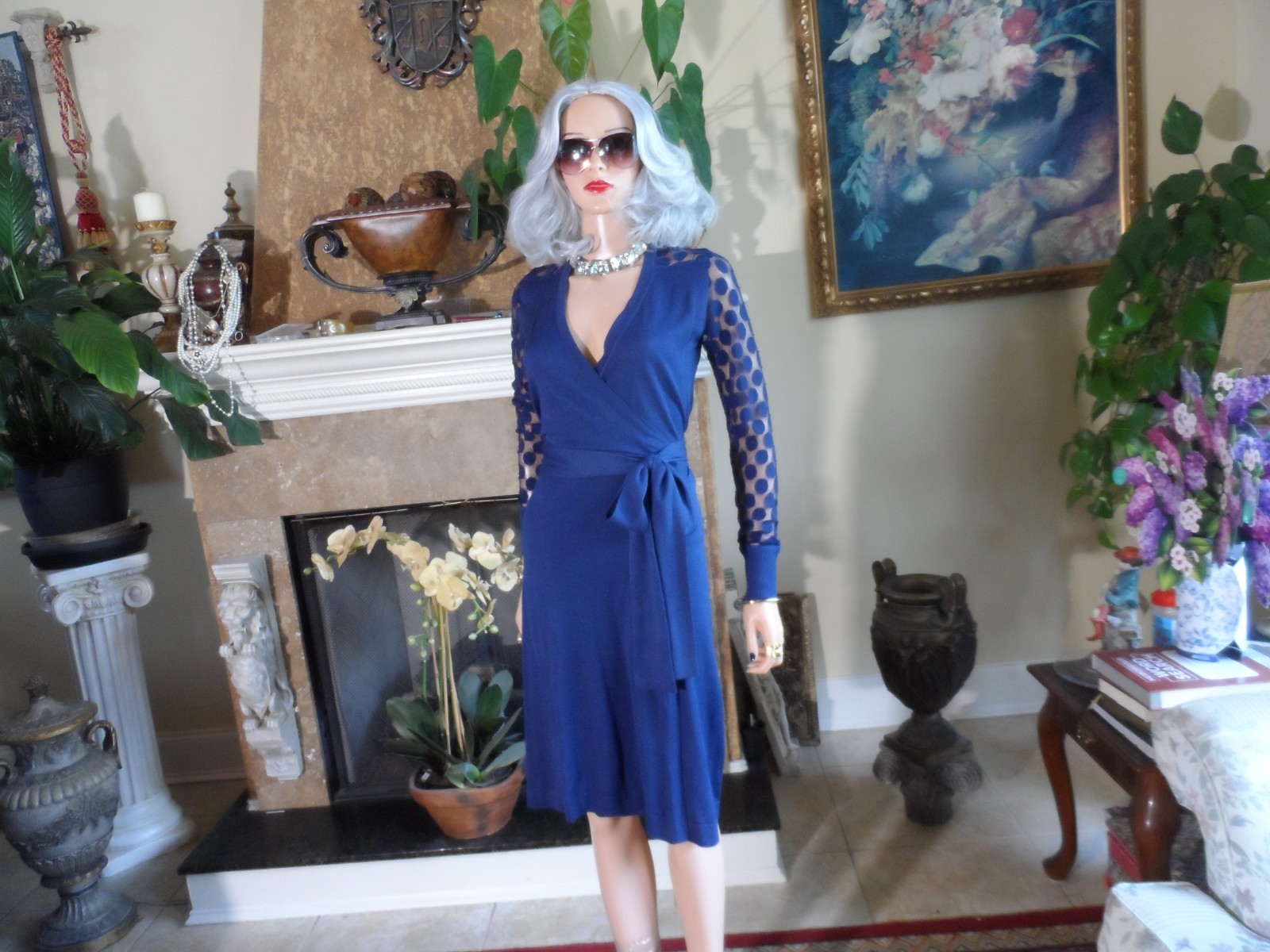 New Diane Von Furstenberg Blue Silk Jersey Wrap Dress Size S