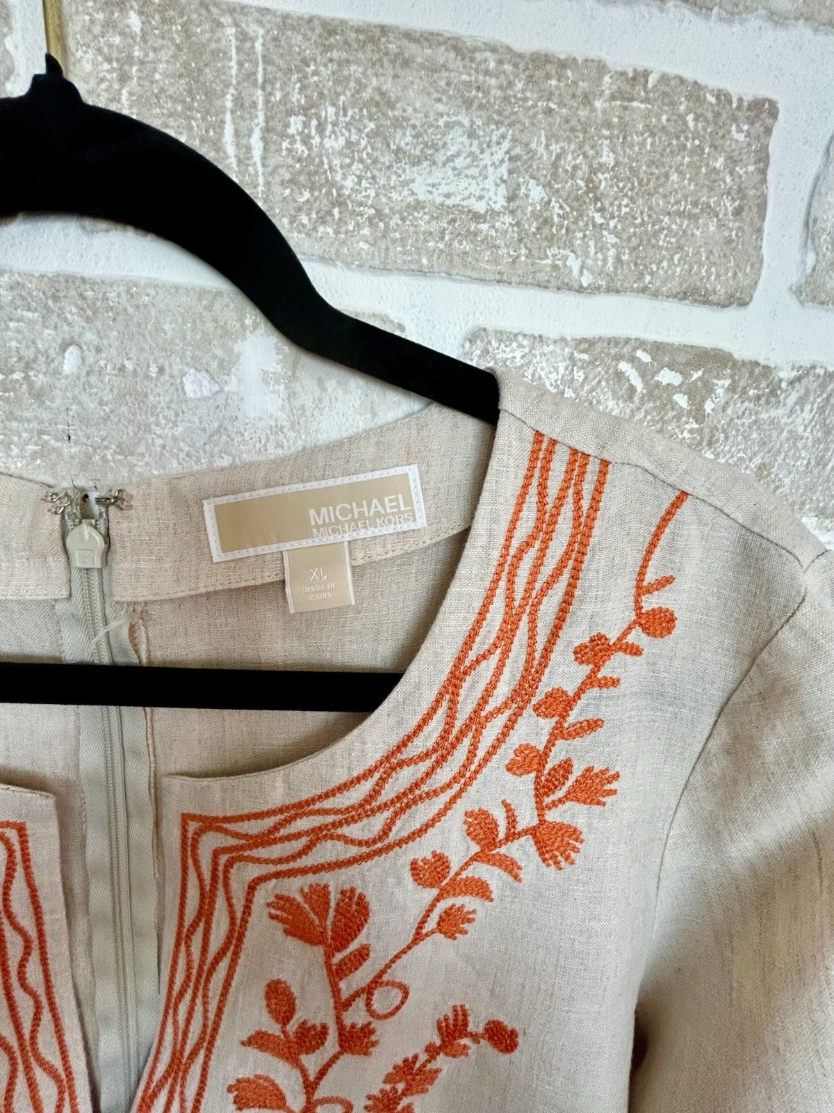 Michael Michael Kors Beige Orange Floral Embroidered Zip Short Dress XL