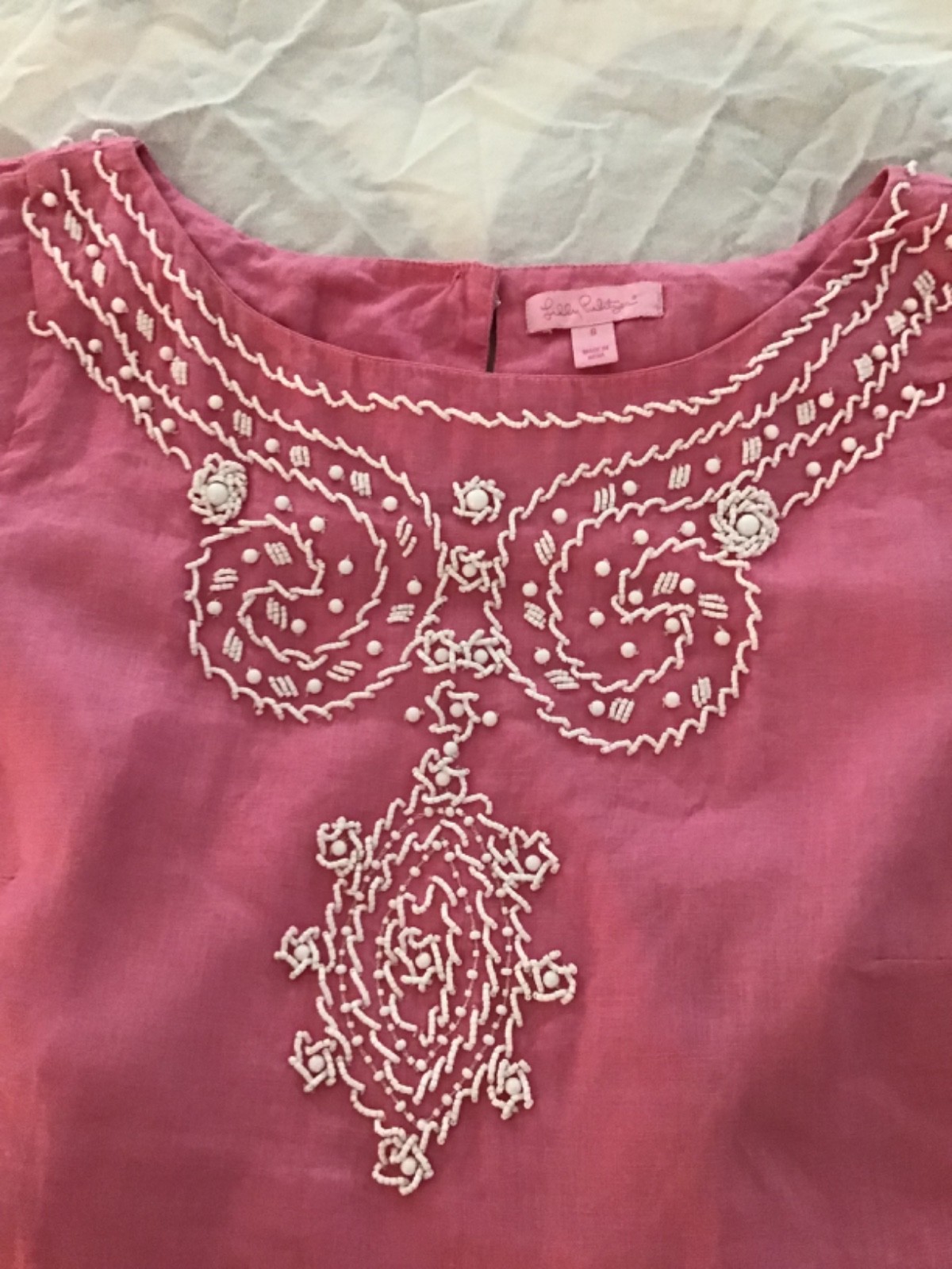 Lilly Pulitzer Rawley Linen Shift Dress Size 6 Pink Beaded White Embroidered