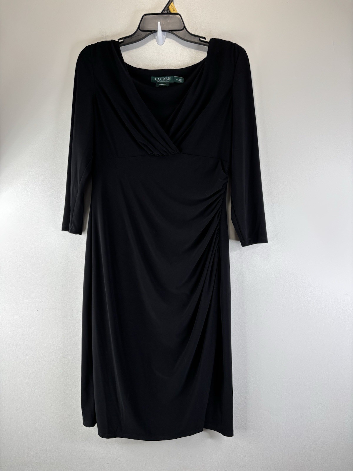 Lauren Ralph Lauren Women’s Dress Size 10 Black Ruched Gathered Side 3/4 Sleeves