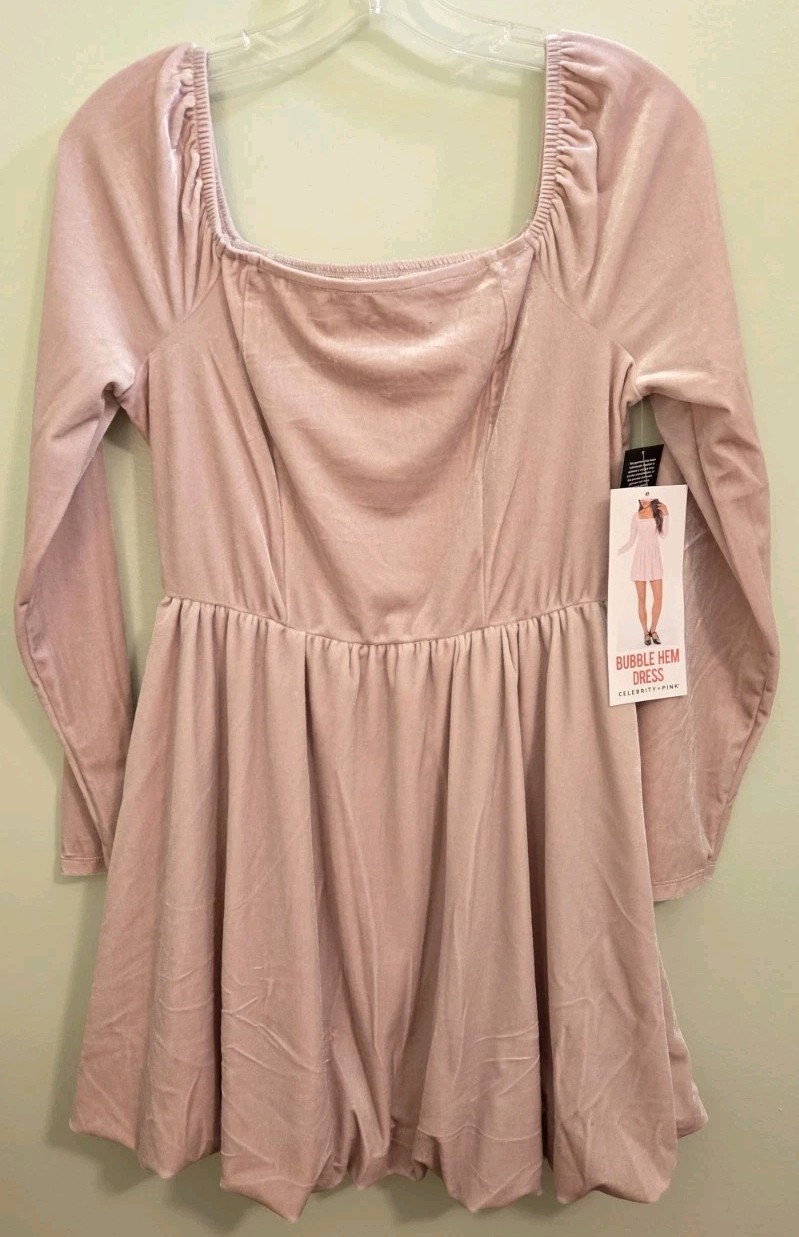 Celebrity Pink Juniors MEDIUM 7-9 Long Sleeve Velvet Bubble Hem Dress PINK 10726