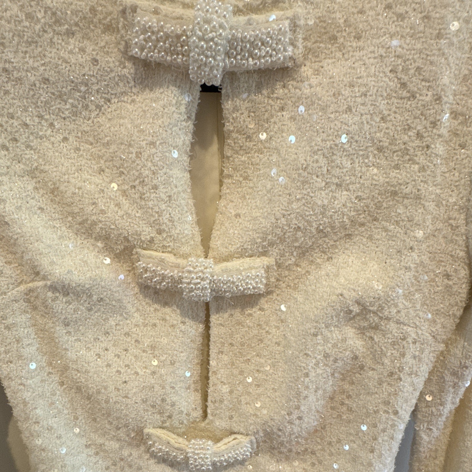 Fore White Sequin Tweed Bow Mini Dress Round Neck Long Sleeve Zip S