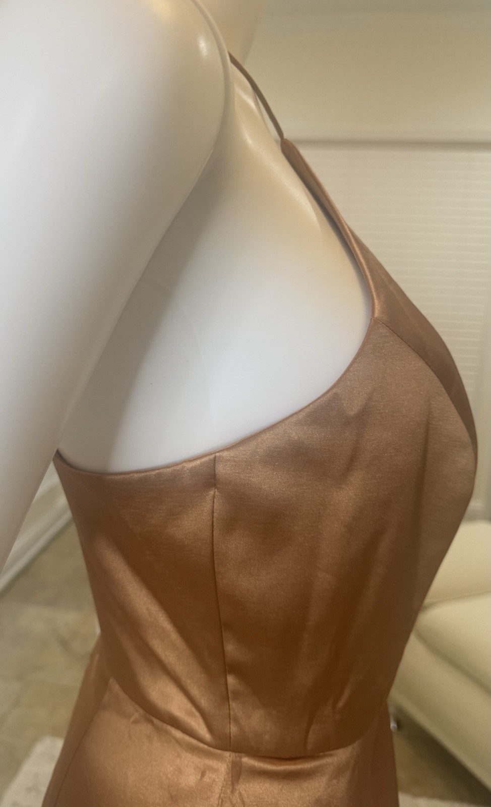 After Six Stretch Satin Toffee Halter Midi Dress with Draped Tulip Skirt Size 2R