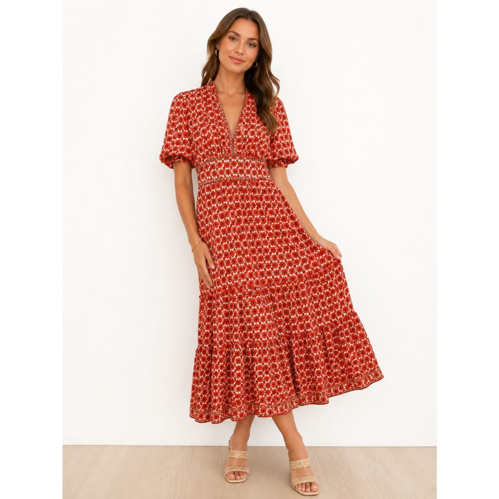Max Studio London Red Floral Puff Sleeve Tiered Midi Dress S Boho Cottagecore