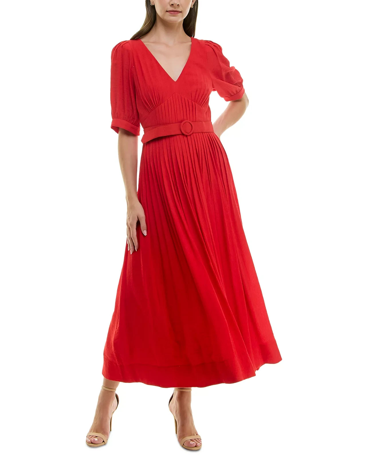 Taylor Pleated Belted Fit & Flare Dress Women’s 2 Red V-Neck Back Zip Closure