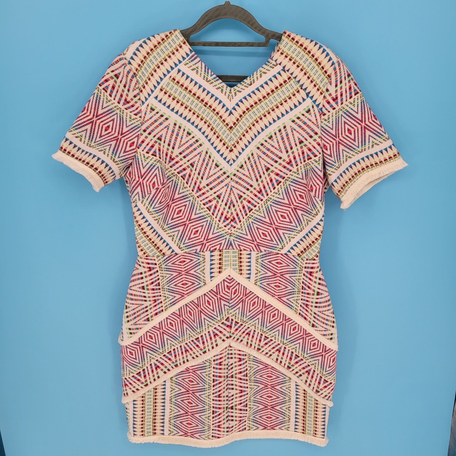 Adelyn Rae Jaylene Dress Women Large Geometric Mini Fringe Cutout Aztec boho