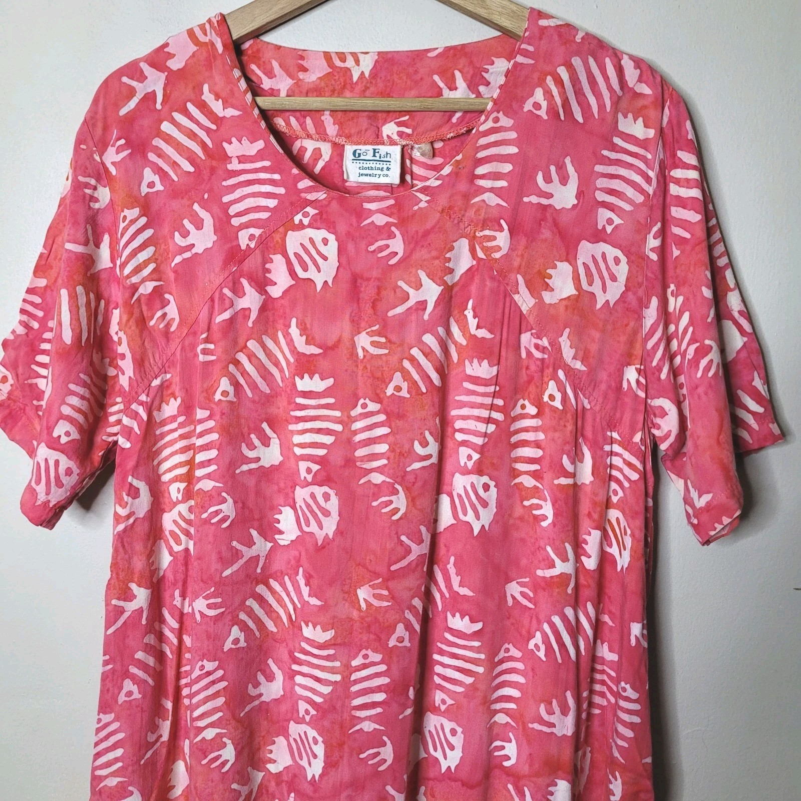 Go Fish Batik Rayon Fishbone Print Short Sleeve Summer Beachy Dress Size Large