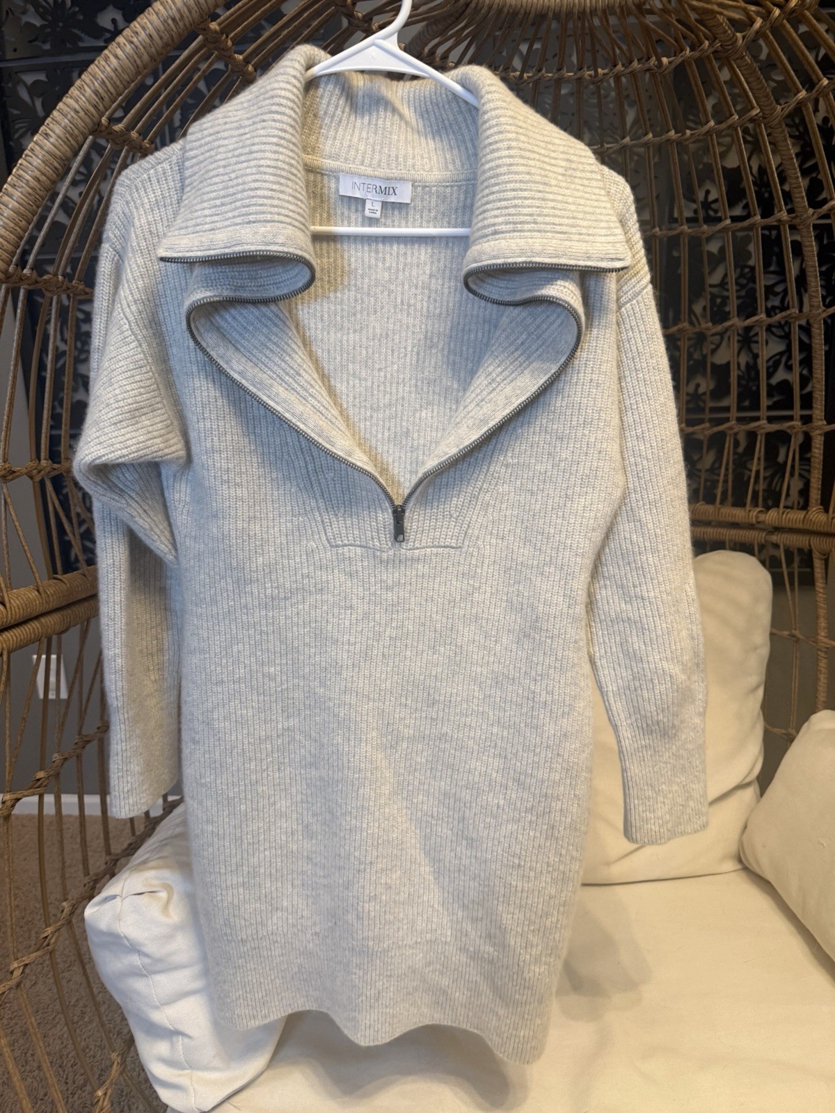 INTERMIX Jasper Half-Zip Sweater Dress Grey Sz Large Wool Cashmere Blend
