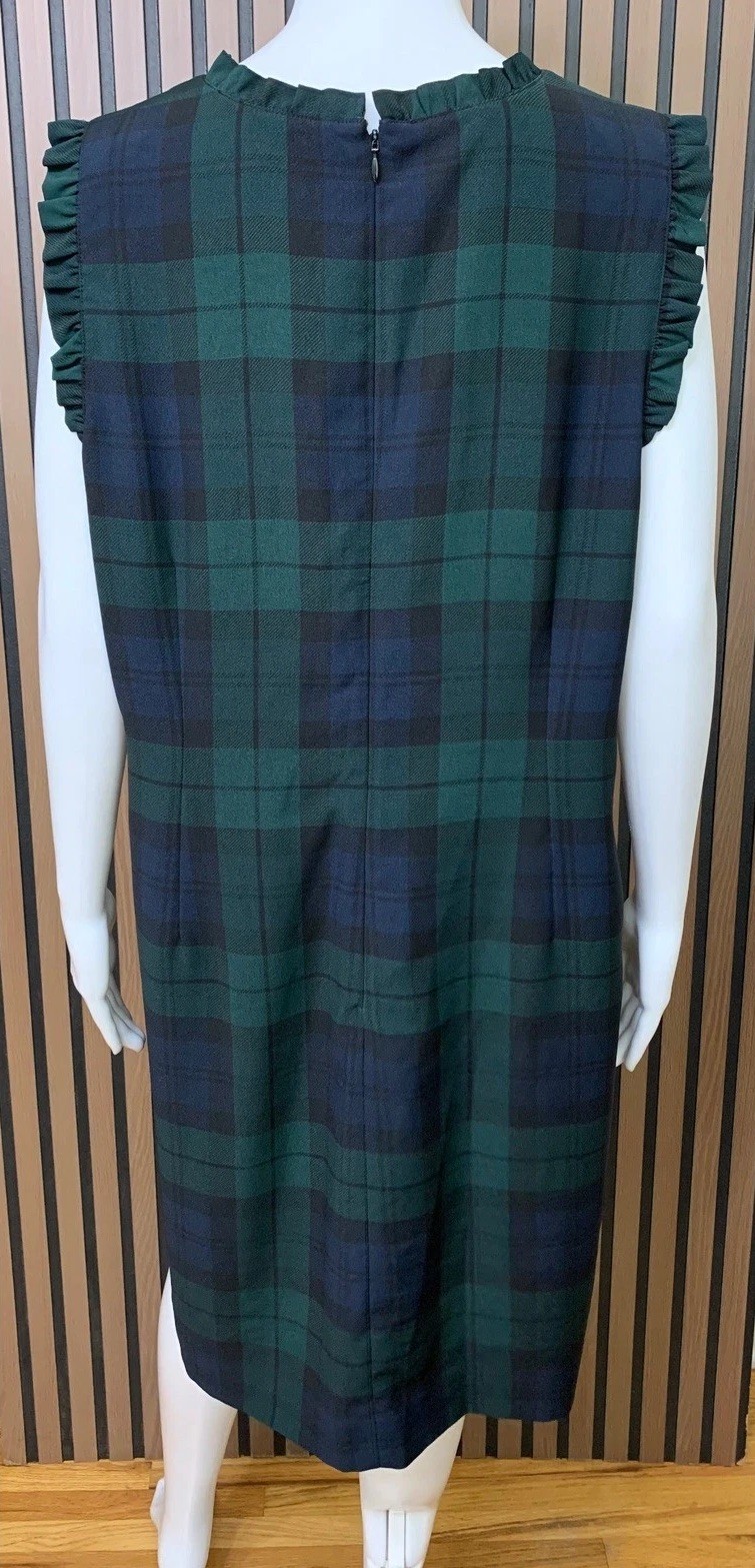 J.Crew Black Watch Plaid Ruffle Neck Shift Dress Green Blue Tartan Size 18