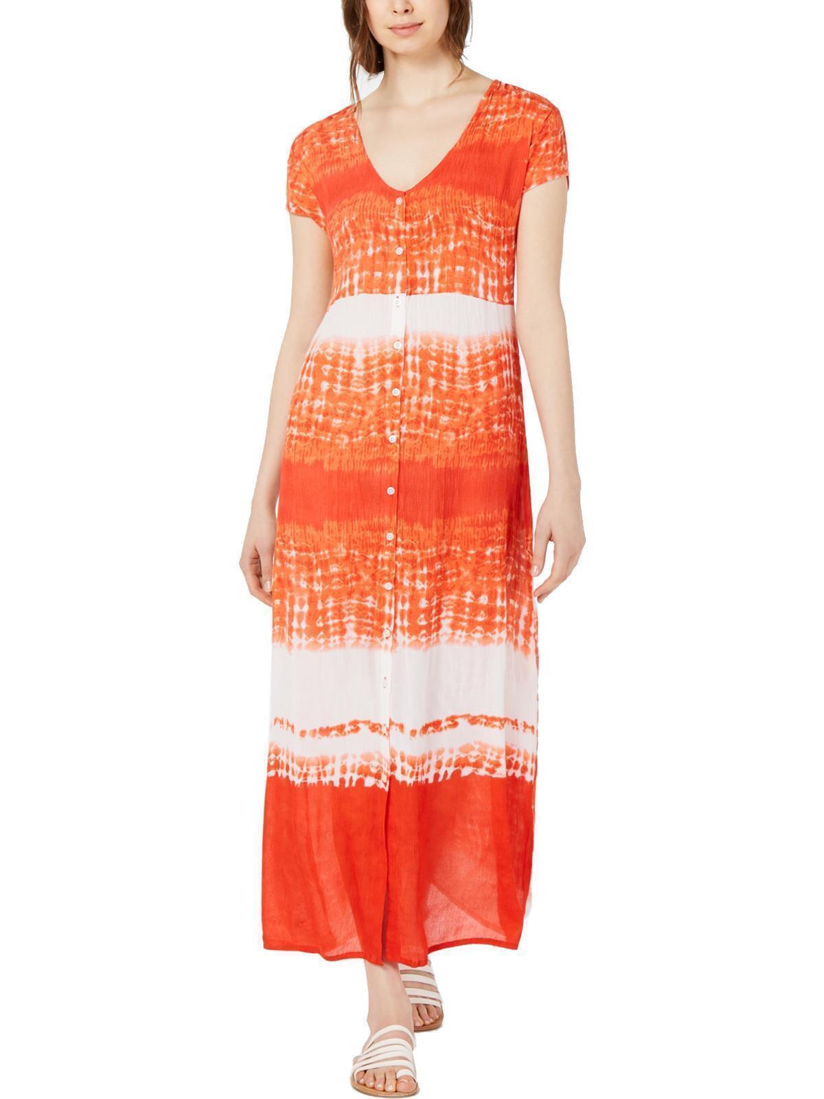 Raga Dress Short Sleeve Tie Dye Button Down Maxi Women Orange Sz L NEW NWT 369