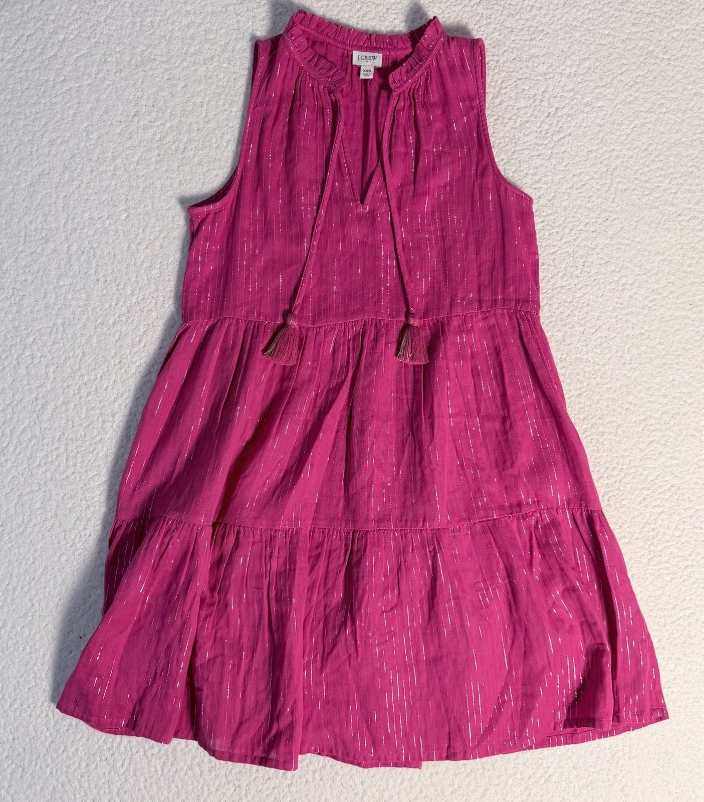 J.Crew Women’s Shimmer Silver Pink Sleeveless Tiered Mini Dress Tassel Tie-Neck
