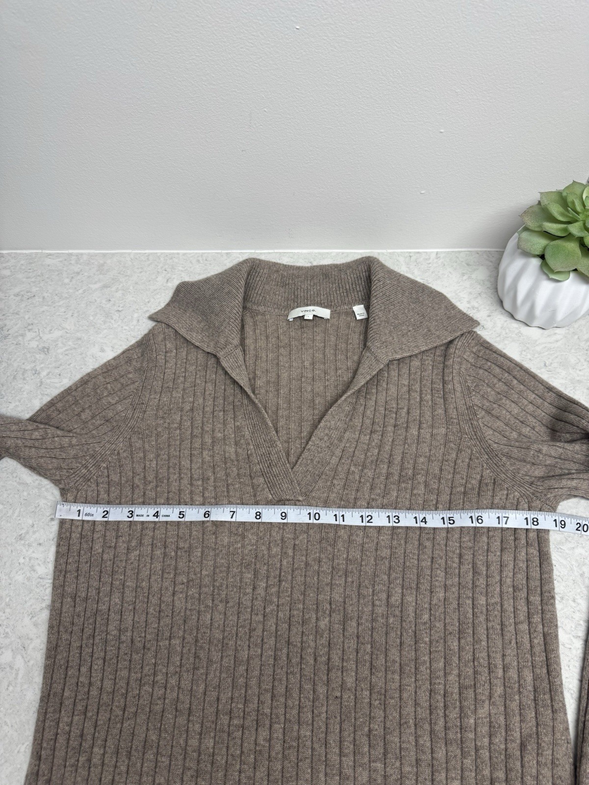 Vince Cashmere Wool Collared Ribbed Sweater Dress Polo Knit Brown Mocha Tan L