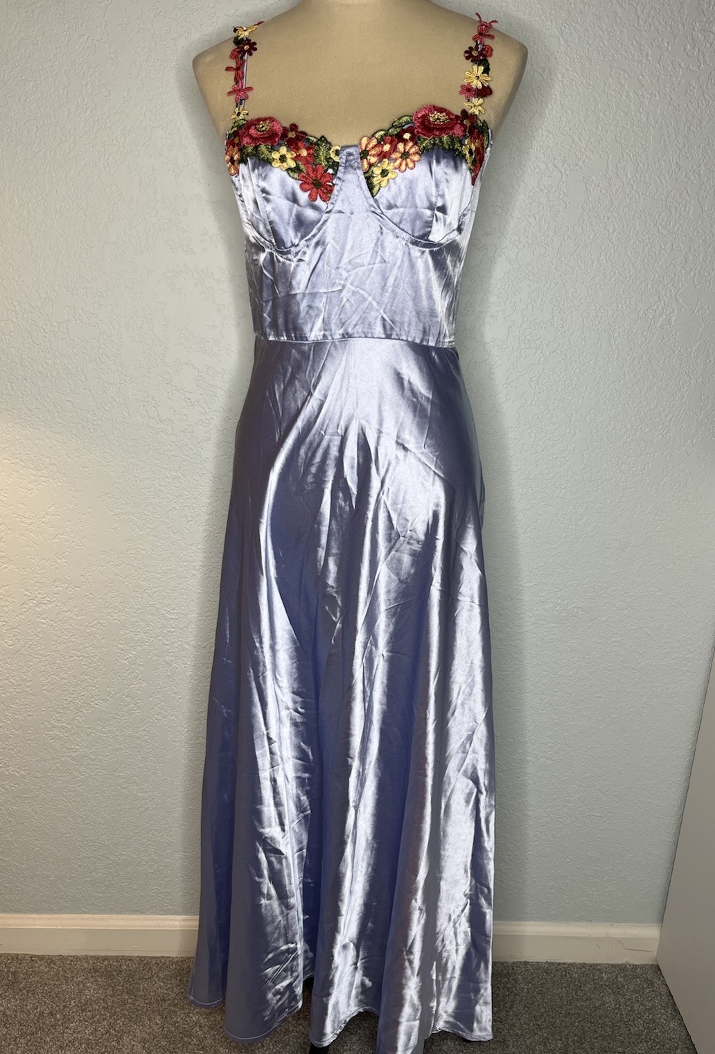 90s Y2K Fairy Satin Maxi Slip Dress Floral Embroidery Bustier Periwinkle XS