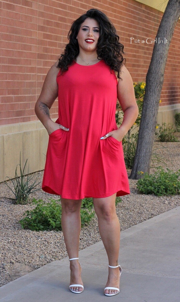 New Boho Women’s Plus Size Classic Soft Red Sleeveless Tank Dress Pockets 1X 2X