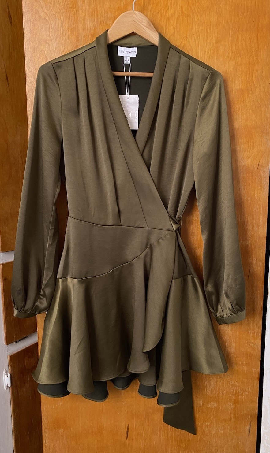 NWT Lucy Paris Adonia Wrap Dress Olive Green Satin Mini sz M long sleeve draped