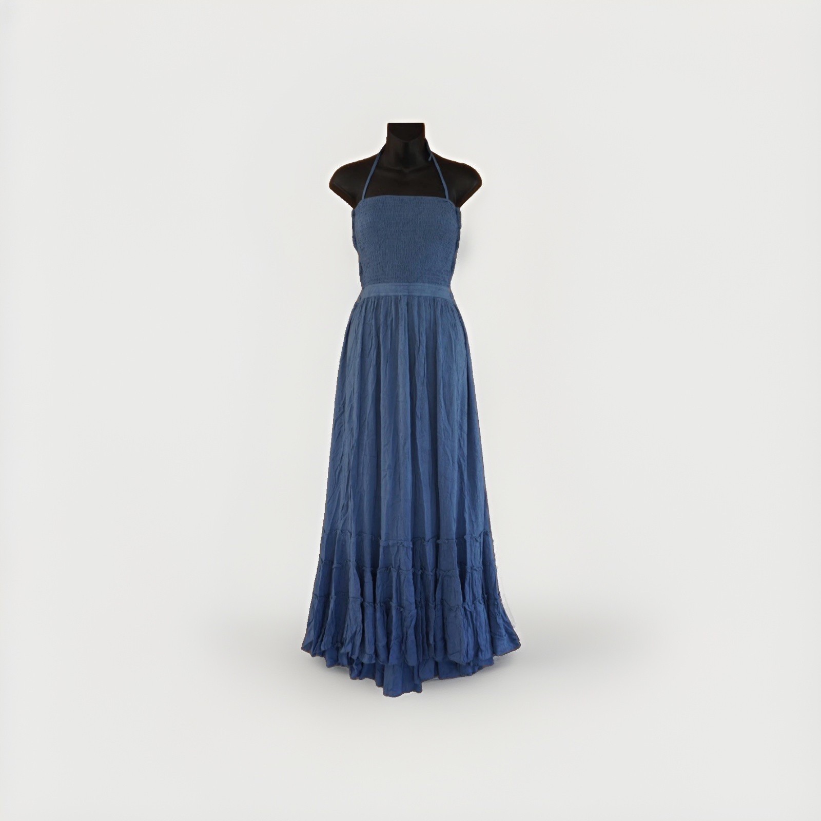 R. Vivimos Halter Tiered Maxi Dress Crepey Open Back Dusty Blue Dress Size S