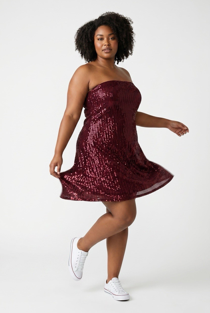 Burgundy Sequin Strapless Fit & Flare Short Dress Plus Size 20 Party Dry Clean
