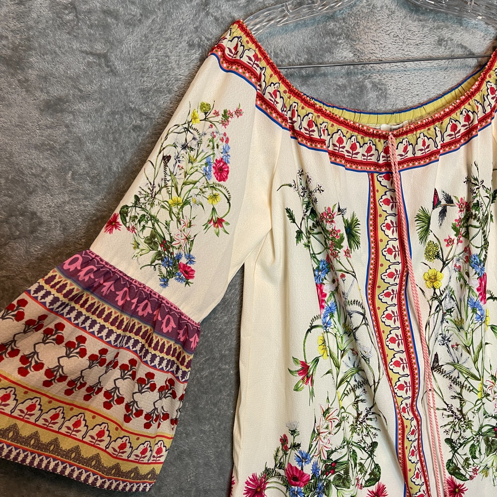Umgee Women Border Bell Sleeve Shift Dress M Boho Festival Hippie 70s Effortless