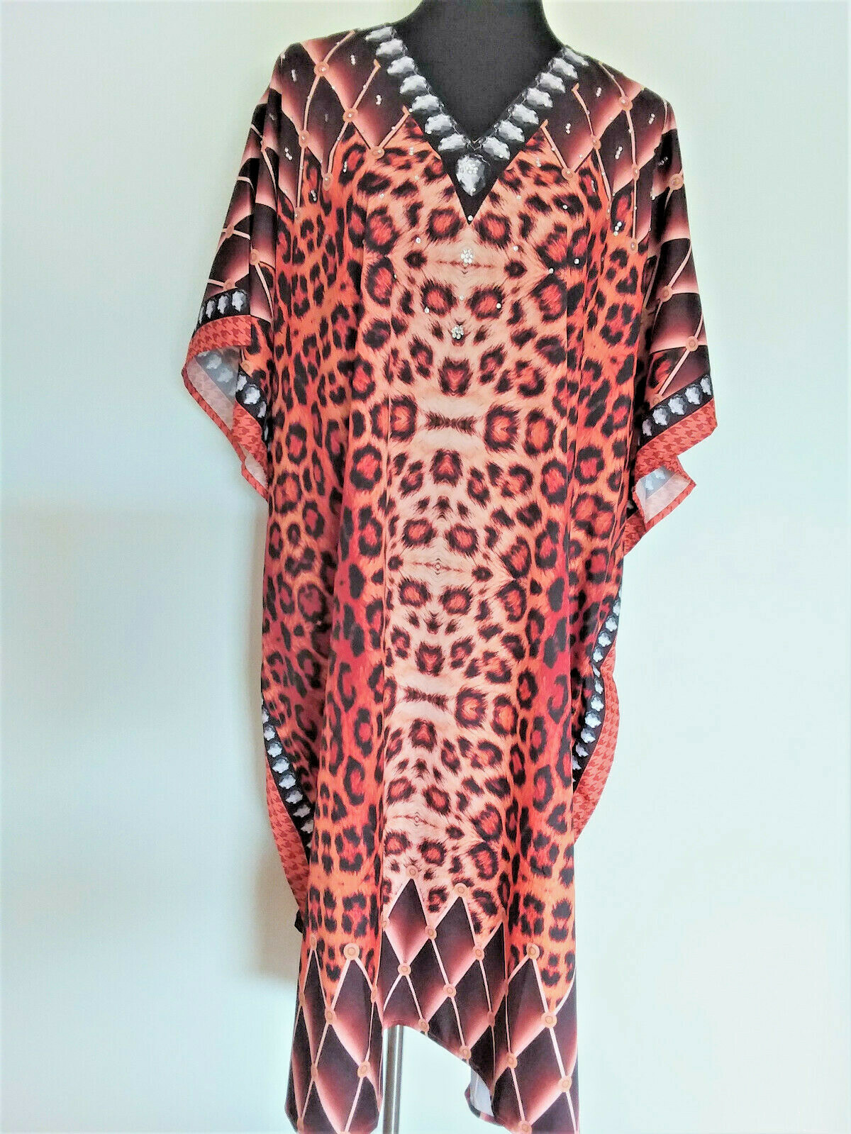 HEAVILY EMBELLISHED DIGITAL ANIMAL PRINT V NECK CREPE KAFTAN/DRESS KC12