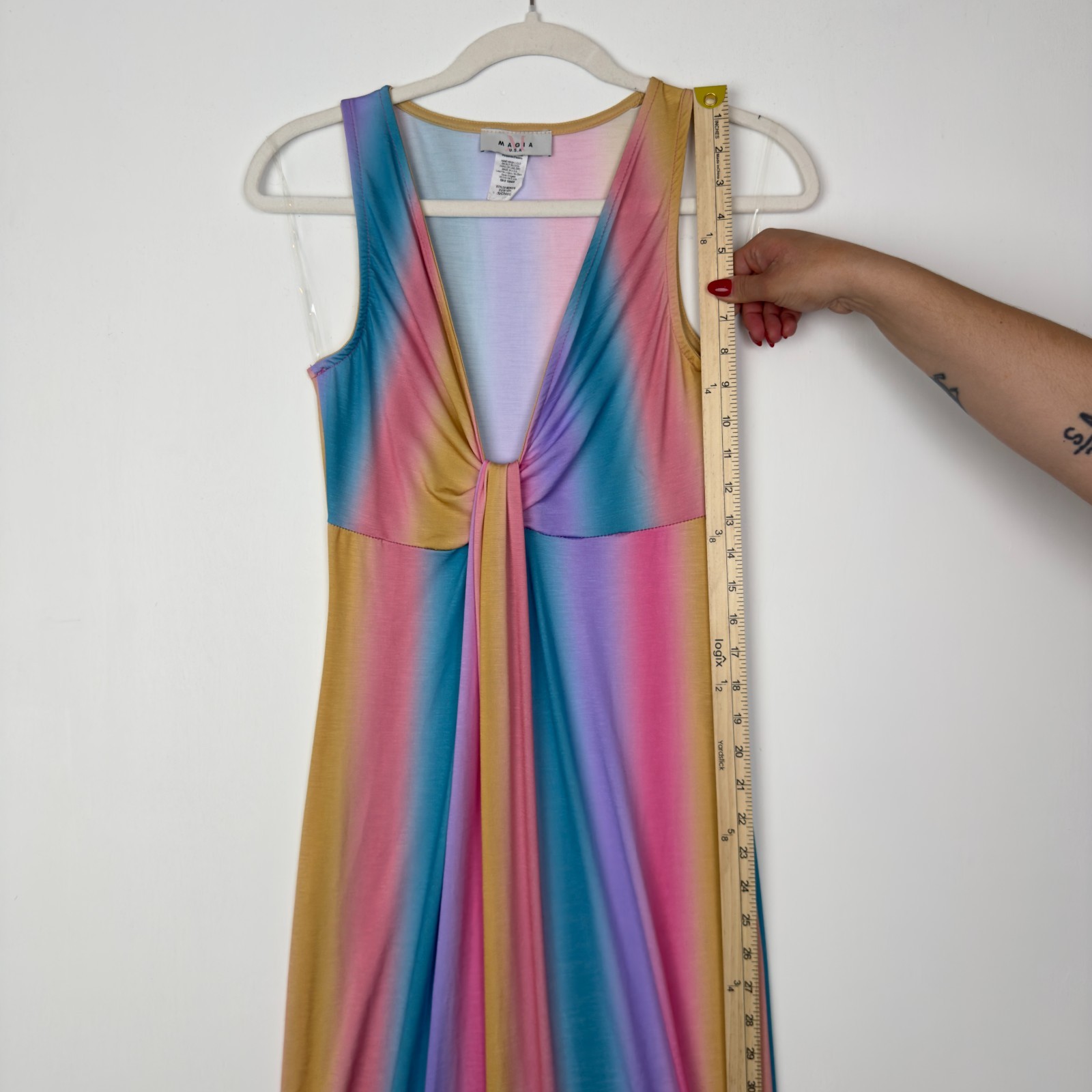 Maia Rainbow Ombre Maxi Dress S Sleeveless Deep V-Neck USA Made Polyester Blend
