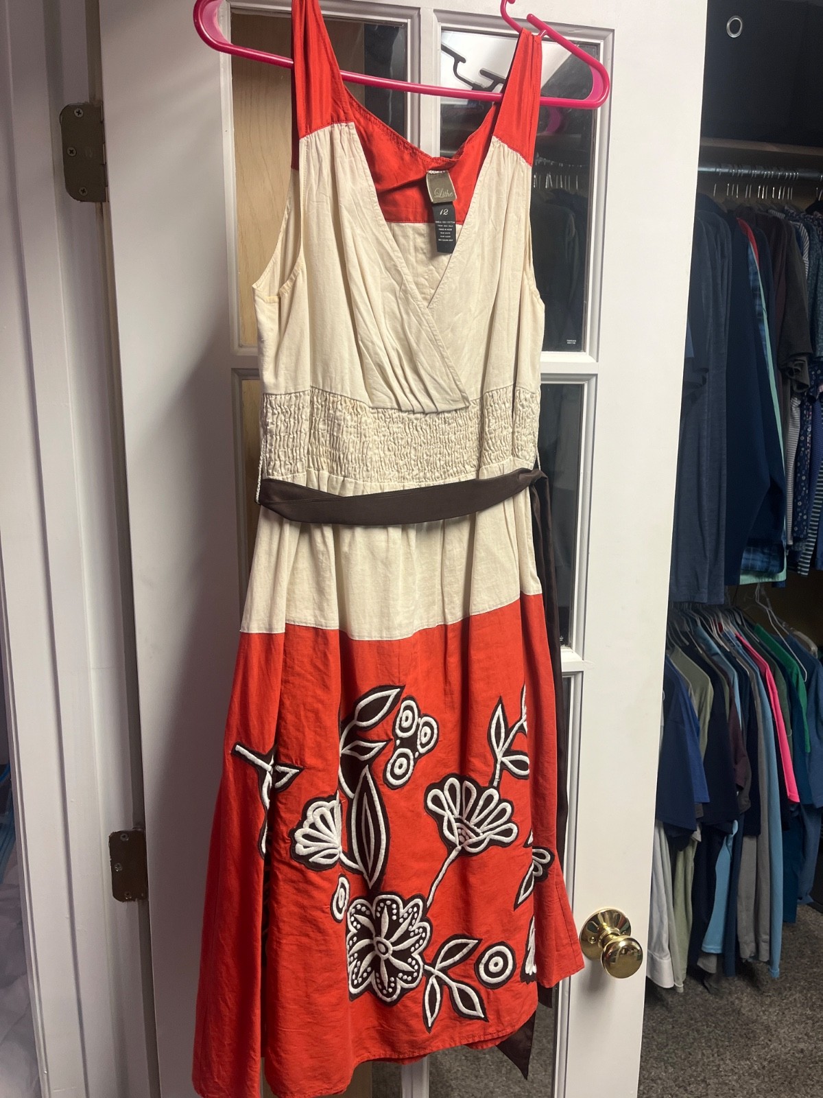 Sithe Anthropologie Cotton Wrap Dress 12 Silk Trim Orange Floral Applique Midi