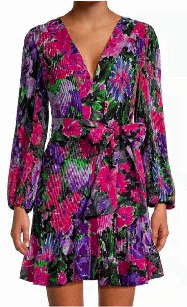 Milly Liv Garden V-Neck Long Sleeve Pleated Tie-Belted Mini Dress Size 8