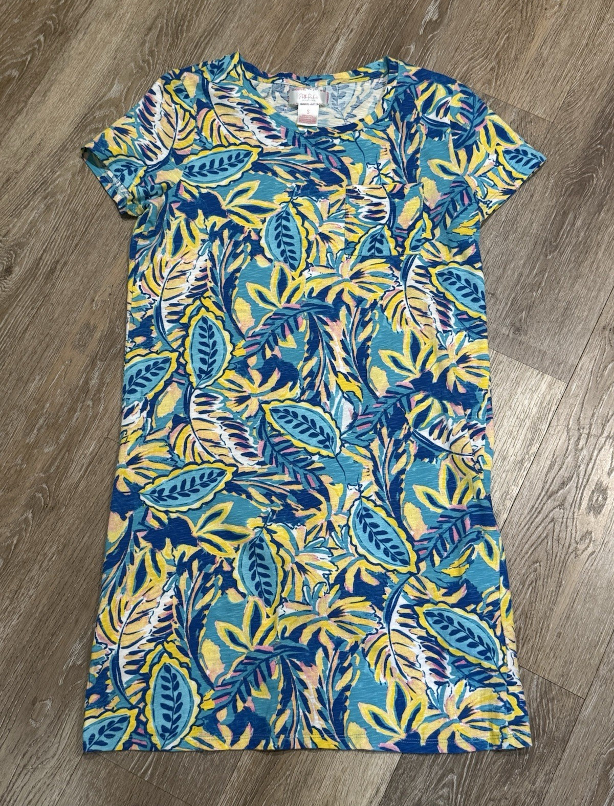Stella Parker Collection Blue Green Yellow Floral Cotton Knit T-Shirt Dress S