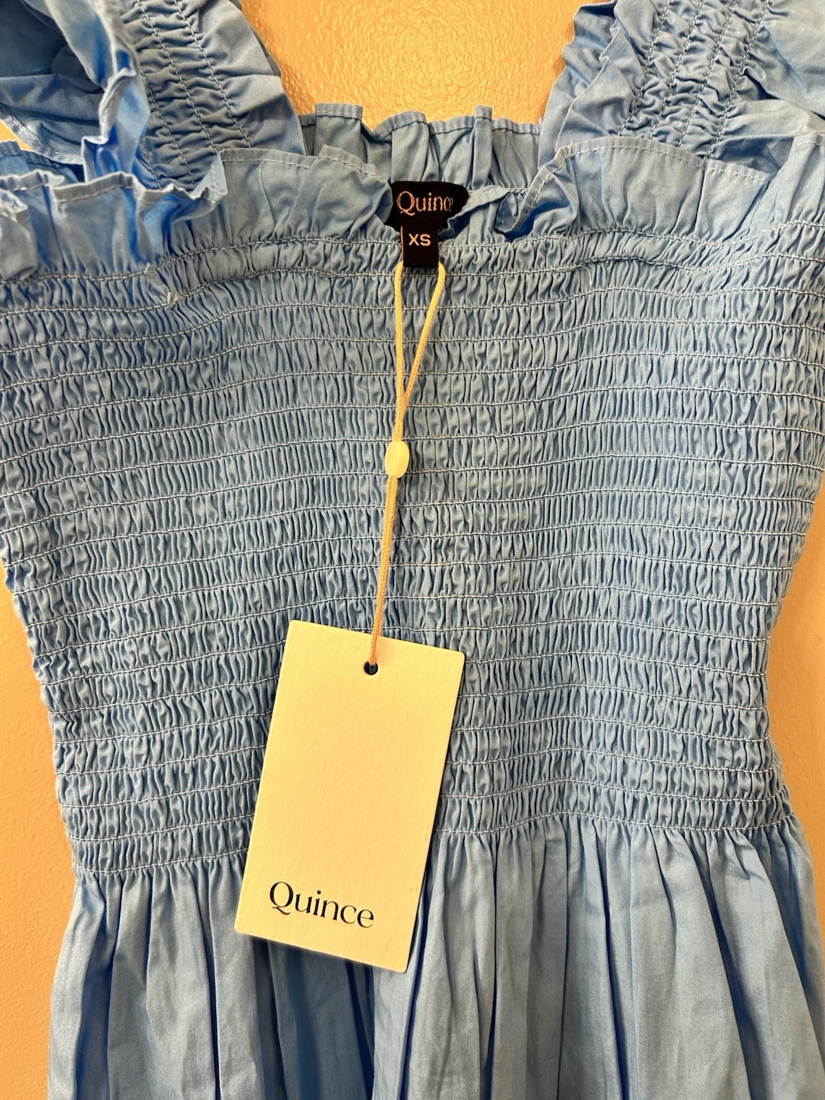NWT Quince Organic Cotton Smocked Midi Dress, Blue, XS