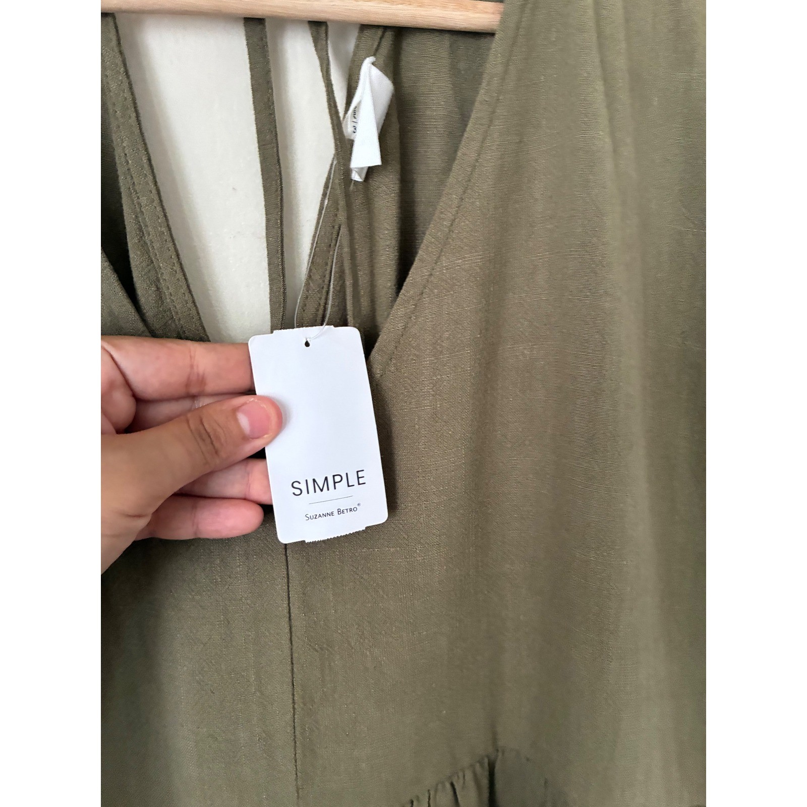 Suzanne Betro Simple Olive Green Linen Blend V-Neck Empire Waist Midi Dress 3X