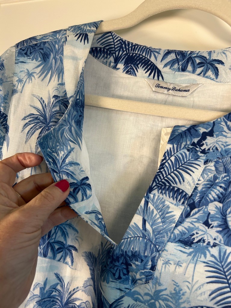 Tommy Bahama botanical breeze shift dress blue and white tropical linen size MED