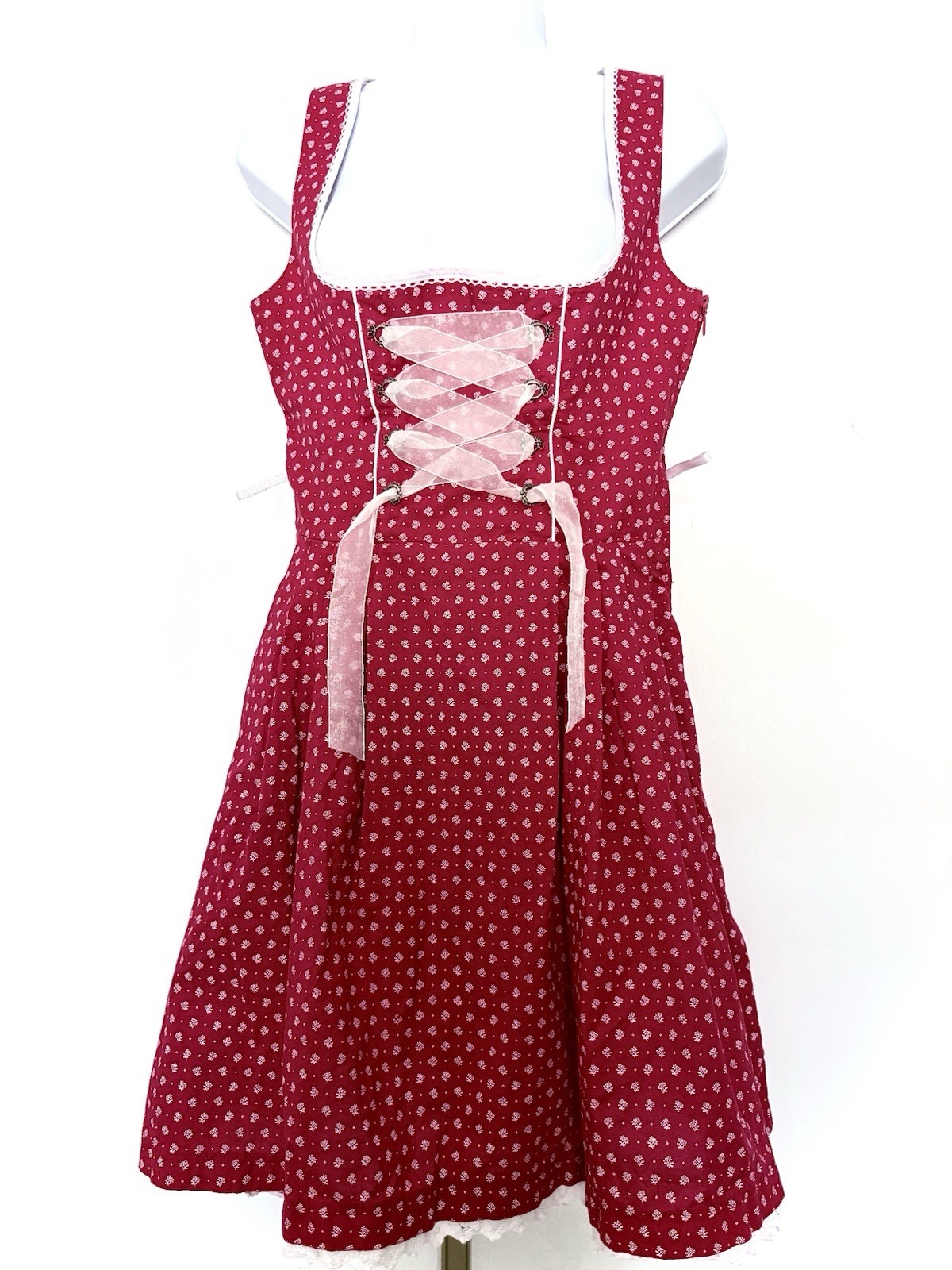 MarJo German Mini Dirndl Dress Red Floral Corset Lace Up Trachten Size EU 36 / S