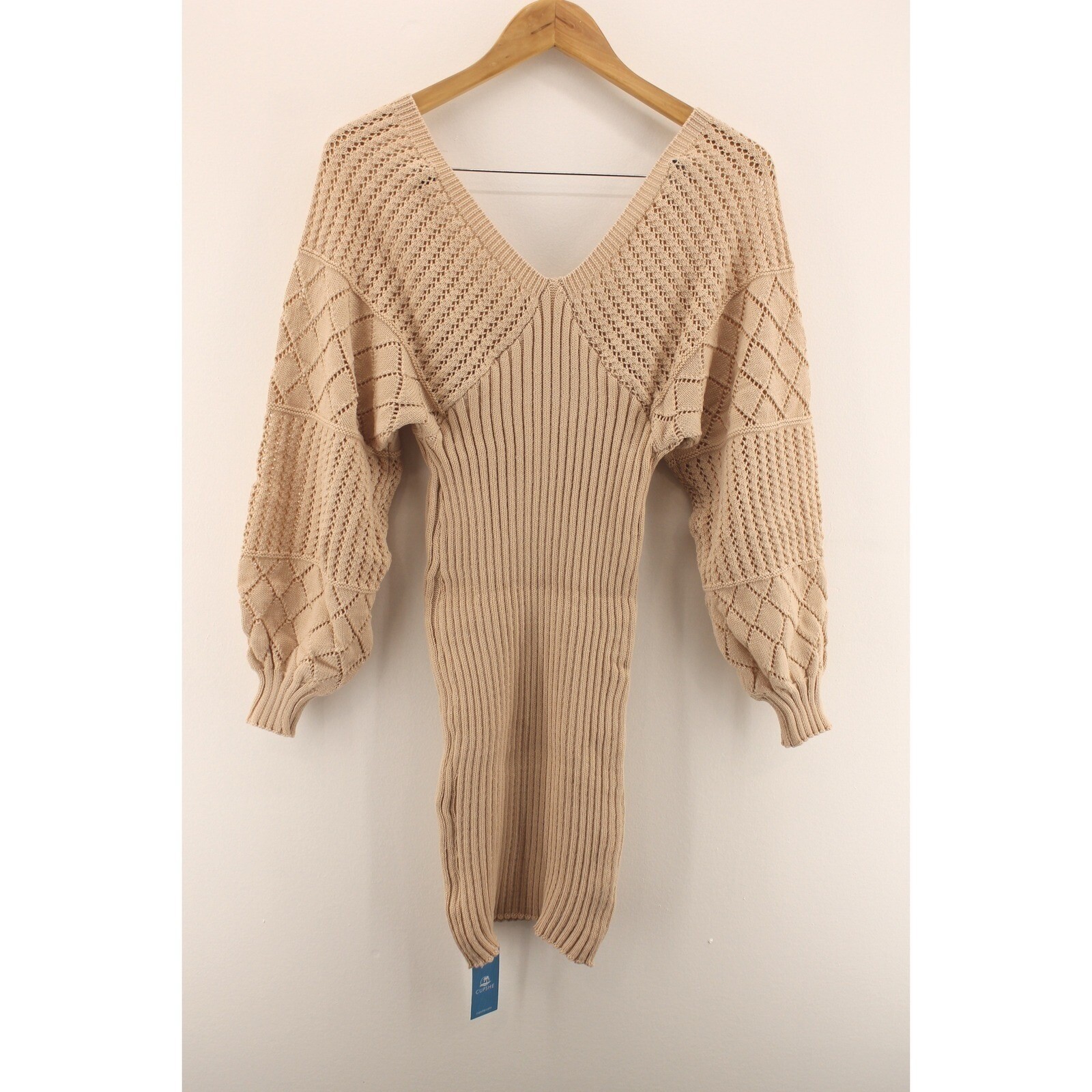 Cupshe Crochet Knit Mini Sweater Dress V-Neck Long Balloon Sleeve Tan XS NEW