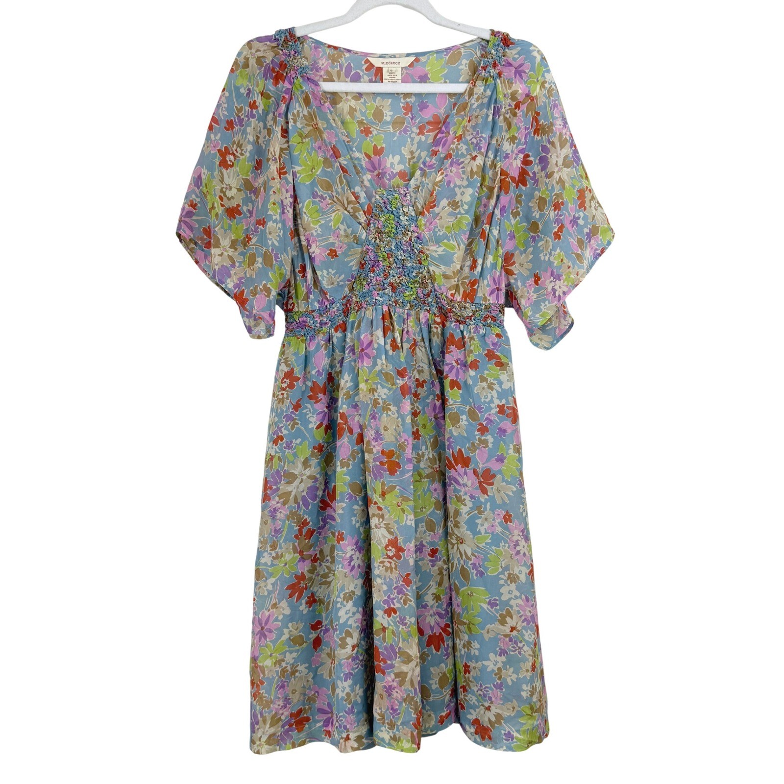 Sundance Floral 100% Silk V-Neck Smocked Waist Butterfly Sleeve Dress WOMEN 8