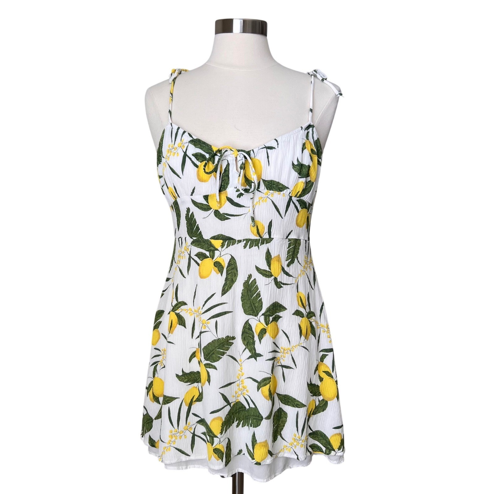 Pull&Bear Lemon Print Sweetheart Mini Dress White Yellow Green XL 9390/316/250