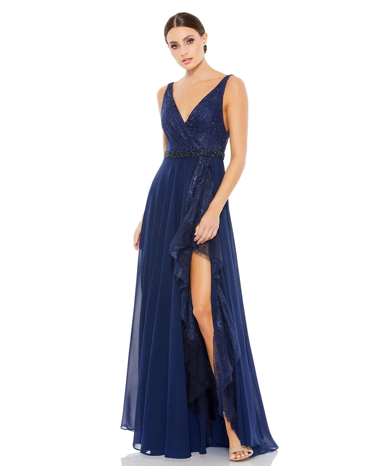 Mac Duggal Navy Lace Sequin Slit Beaded Waist Gown Size 4 $398